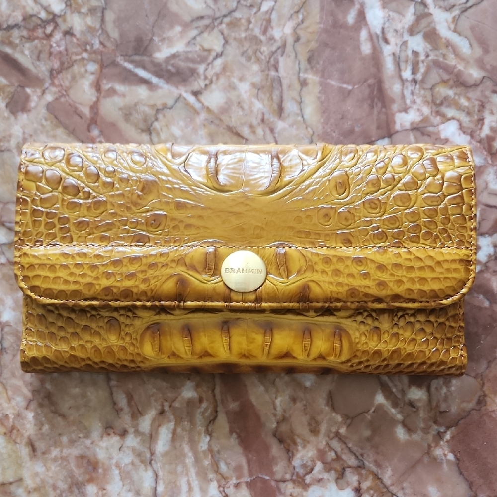 Brahmin Yellow Textured Wallet Made In Australia Crocodile Leather